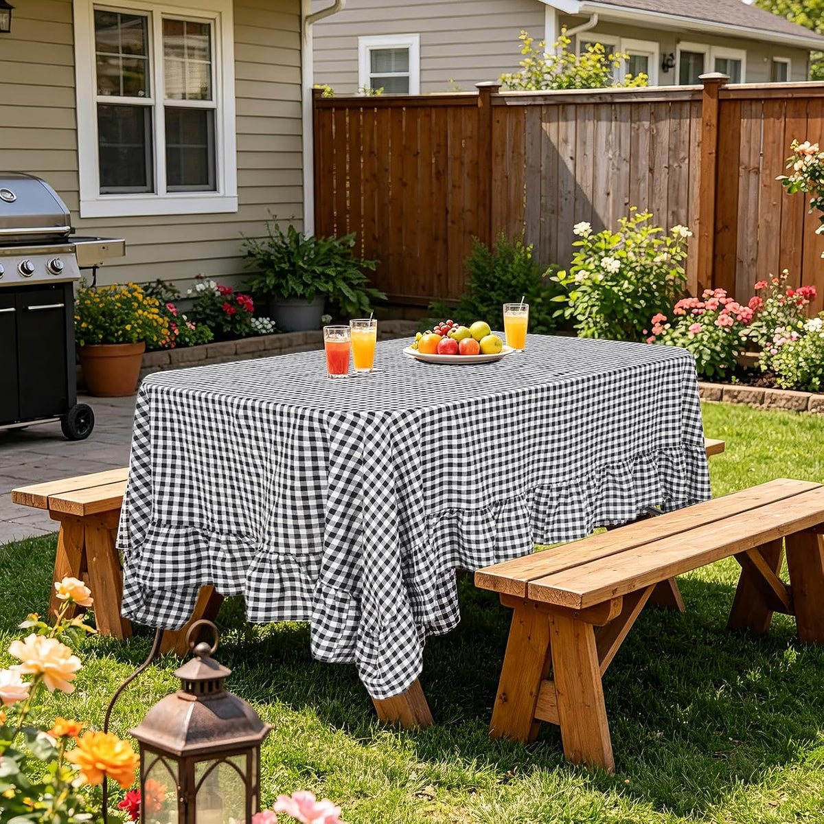 PartyDelight Gingham Ruffle Tablecloth Black White Checkered Rectangular Wash...