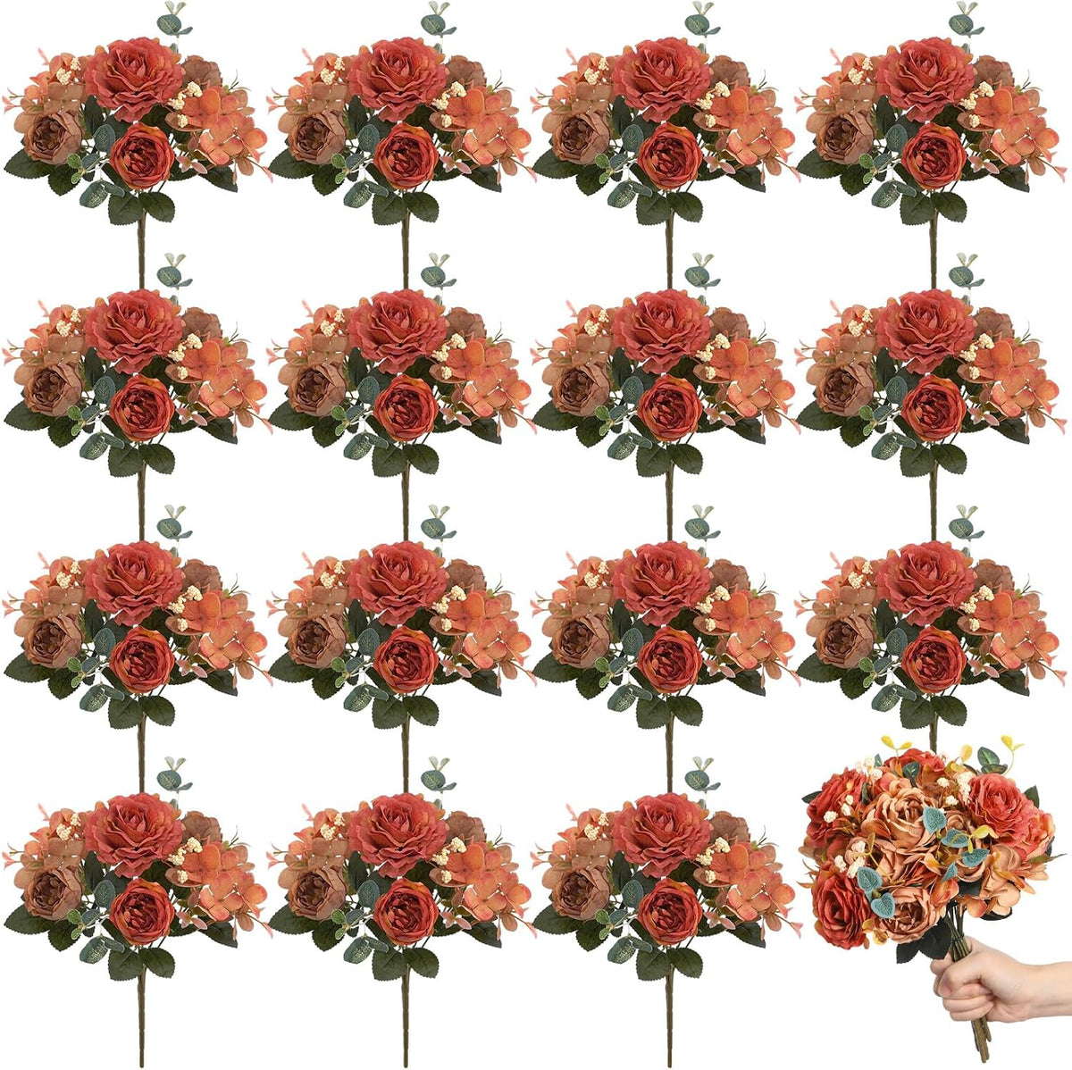 Yunlly 16 Packs Artificial Peony Flowers Silk Bouquet, Orange, Elegant