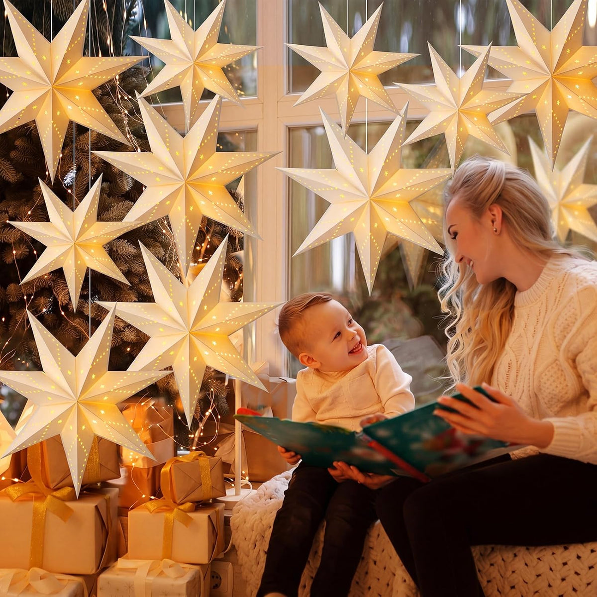 Youyole 12 Set Christmas Paper Star Lantern with Lights, 7 Pointed