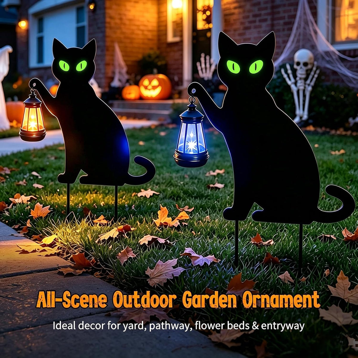 2 Pack Halloween Black Cat Solar Yard Stake, 7-Color LED Lantern