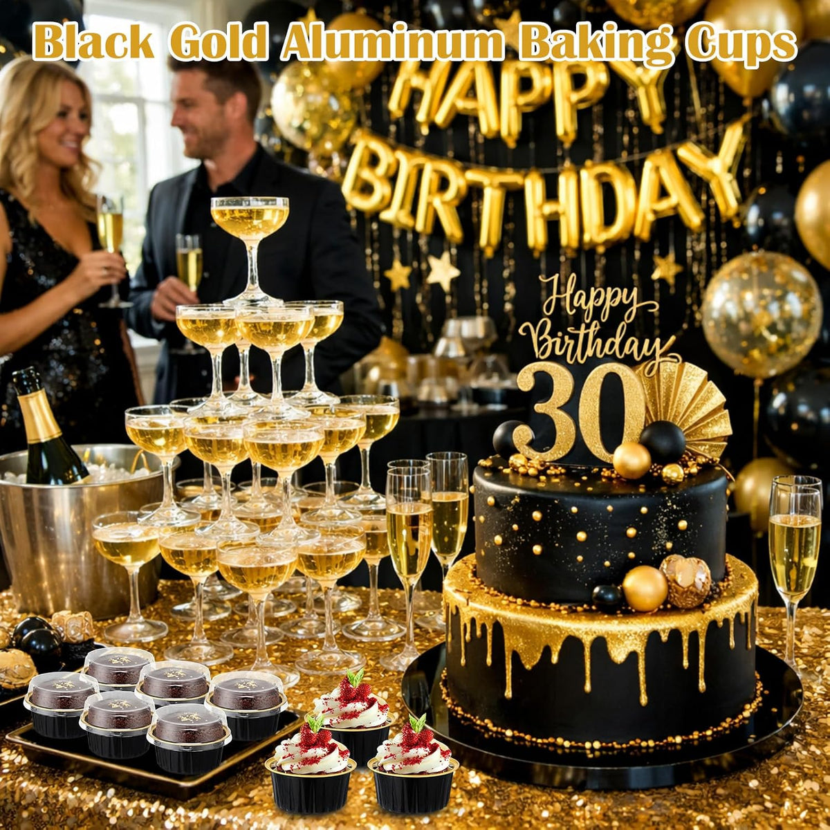 Gejoy 600 Pcs Aluminum Foil Baking Cups with Lids, Classic, Black and Gold