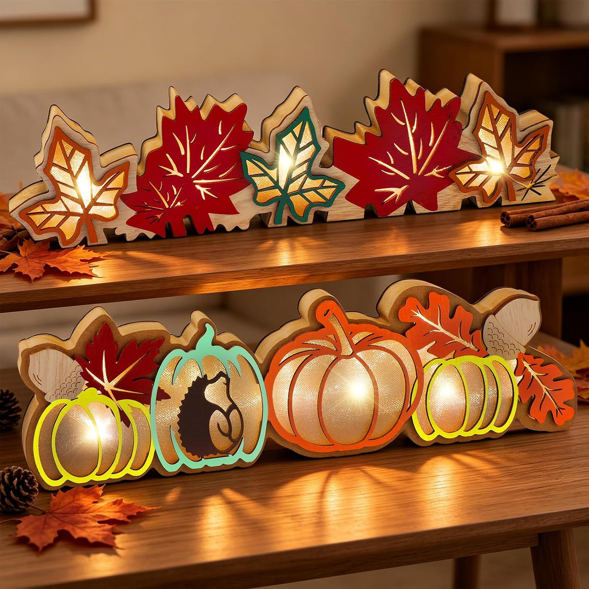 Bigmeta Lighted Wooden Pumpkin & Maple Leaves Decor for Thanksgiving