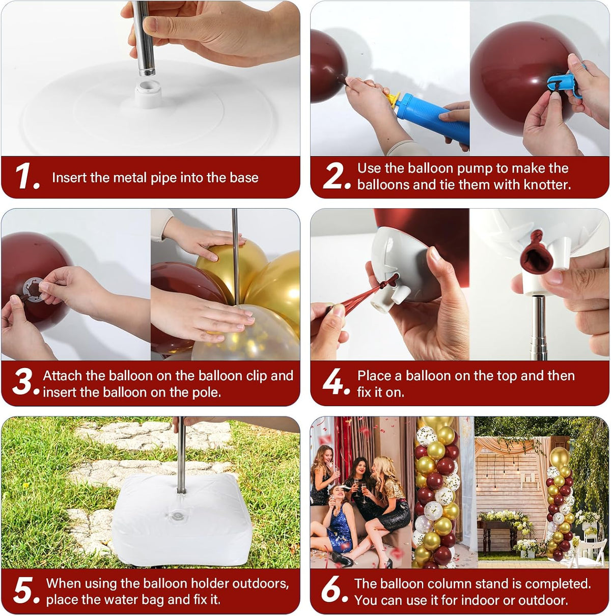 2 Sets Adjustable Balloon Column Stand Kit with Bases(Burgundy Red Gold)