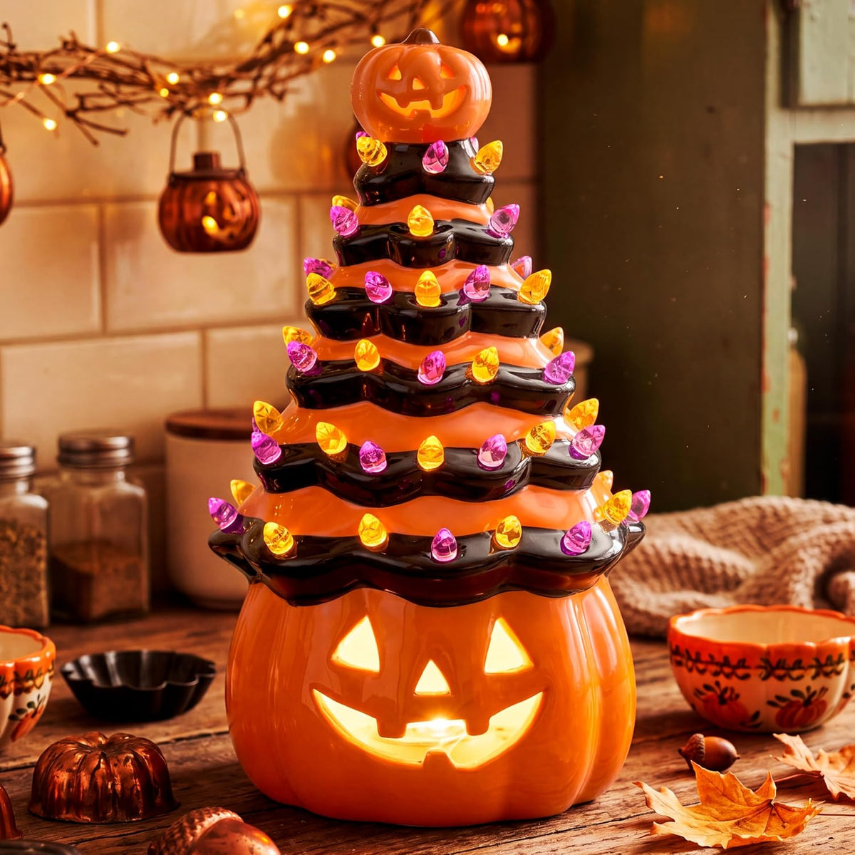 JOYIN 8.5 Inch Halloween Orange Pumpkin Ceramic Tree with Multicolor Bulbs, L...