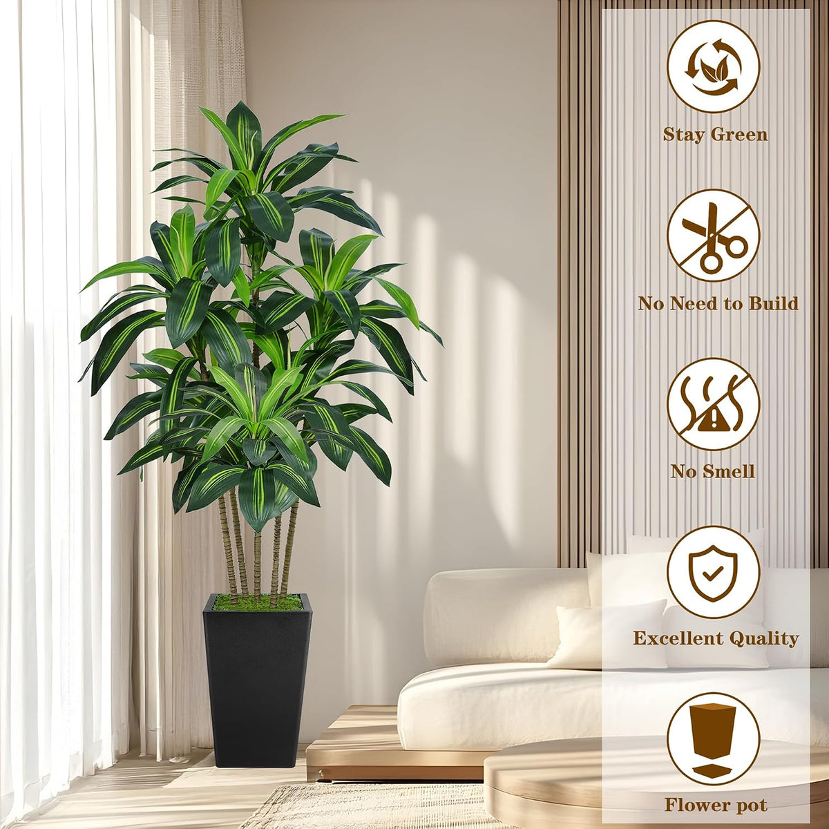 Flydeer 6FT Artificial Dracaena Tree with Tall Black Planter, Floor Plant