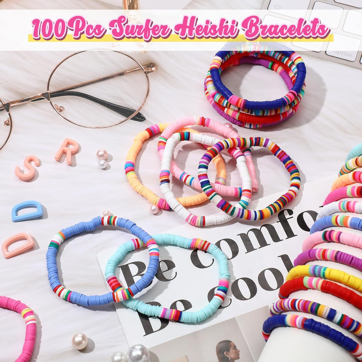 Equsion 100 Pcs Friendship Bracelet for Women Colorful Clay Beaded Bracelet