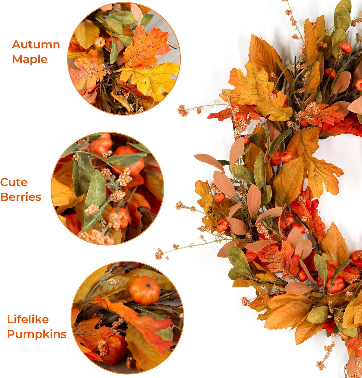 Fall Halloween Wreath for Front Door 24 inch Autumn Leaves Pumpkin