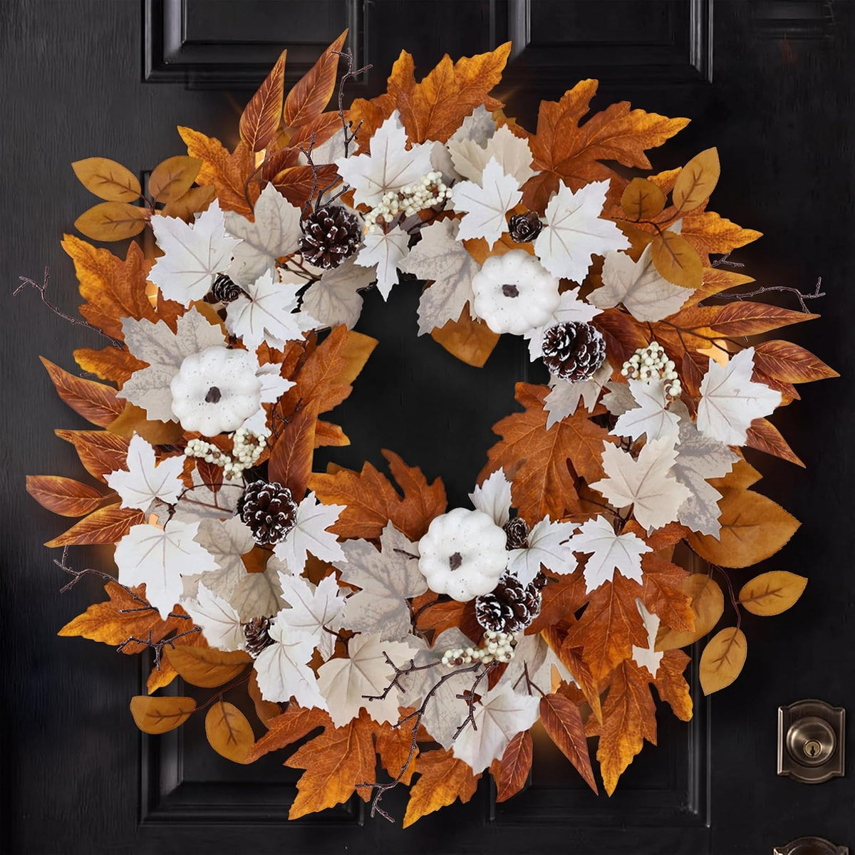 Fall Wreaths for Front Door Outside Autumn Wreath with Lights Berries Pine Co...