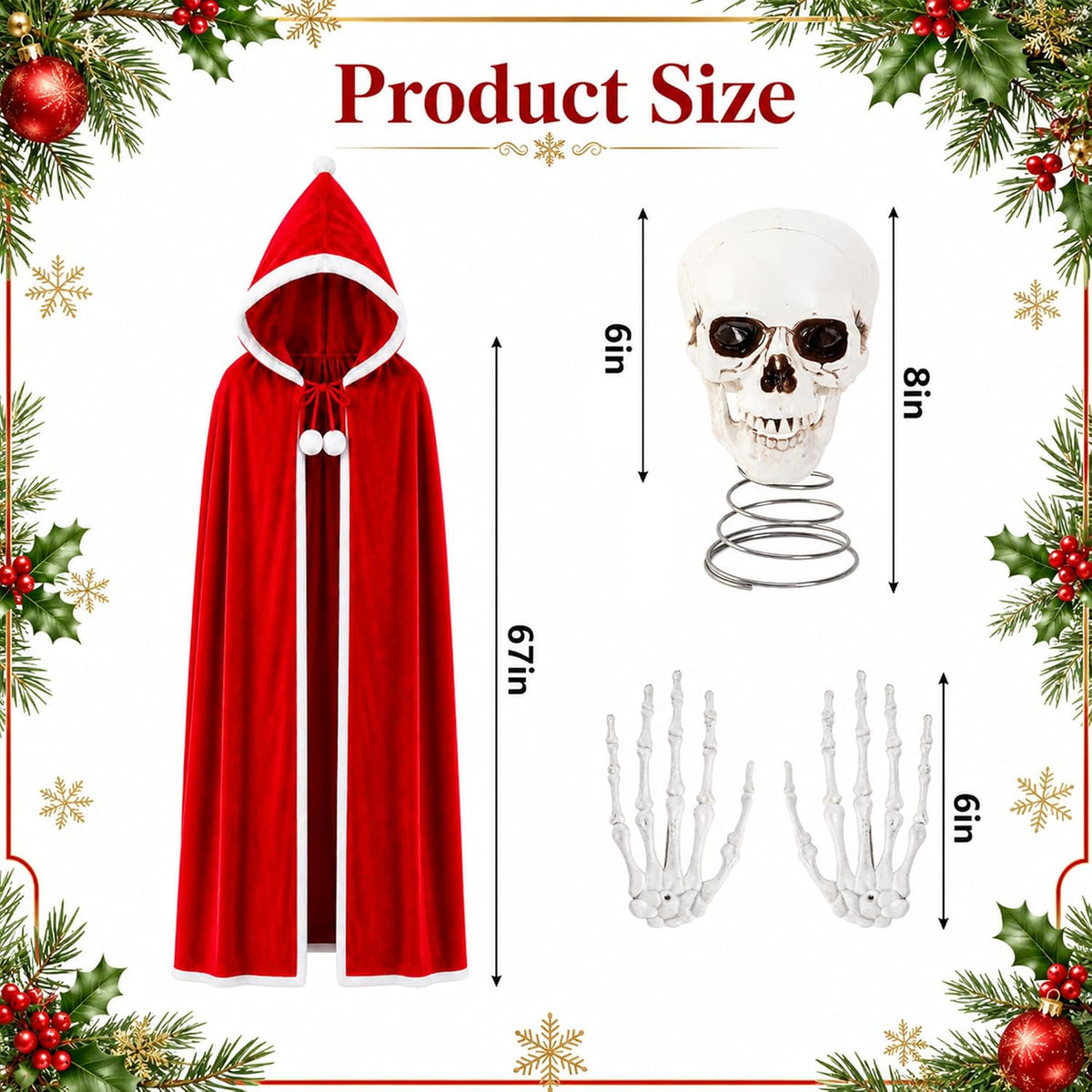 8" Christmas Skull Tree Topper and Red Cloak Skeleton Hand, Goth Xmas Decor