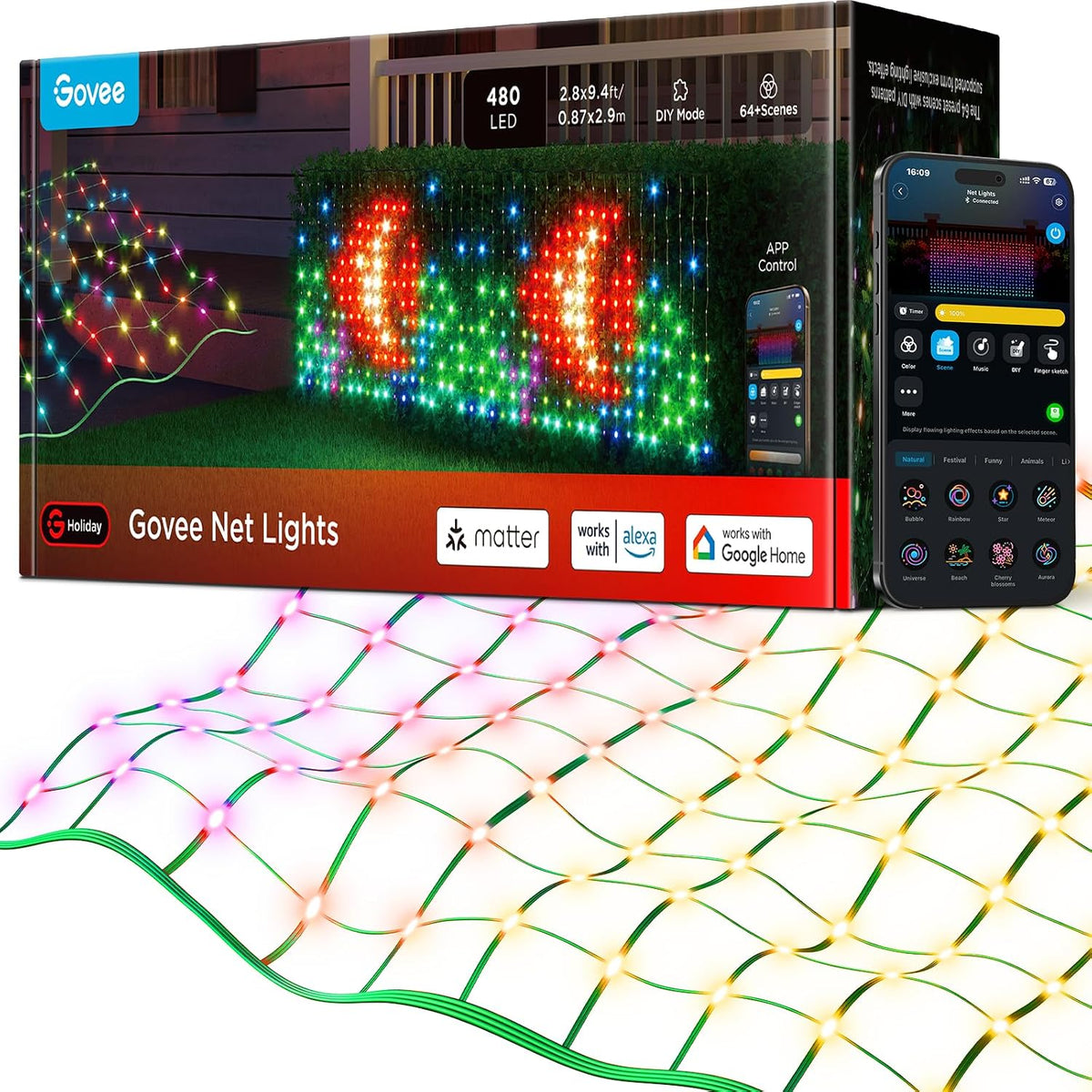 Govee Outdoor Net Lights, 2.8 * 9.4ft with RGBIC,DIY Functions and 480 LEDs