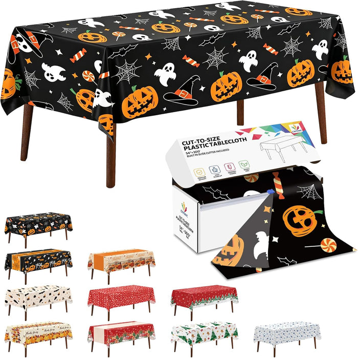 CXPSINC 54 Inch X 300 Feet Plastic Table Cover Roll Disposable Halloween Tablecloth with Slide Cutter Pumpkin Ghost Plastic Table Covers for Halloween Party Decorations(Pumpkin Ghost, 300 Feet)