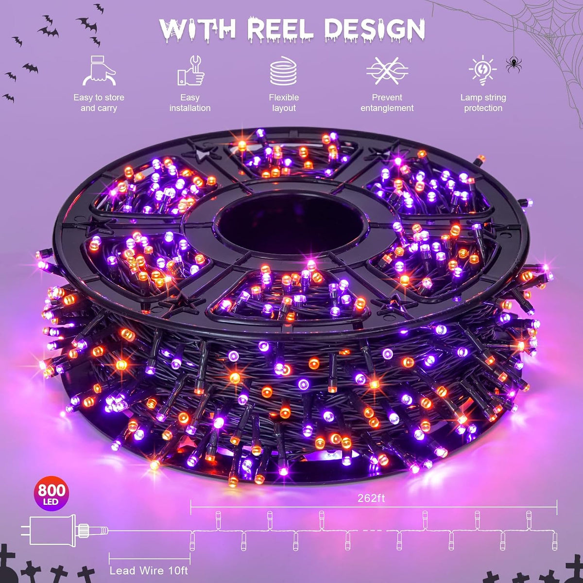 JMEXSUSS 800 LED Orange and Purple Halloween Lights Outdoor with 8 Modes