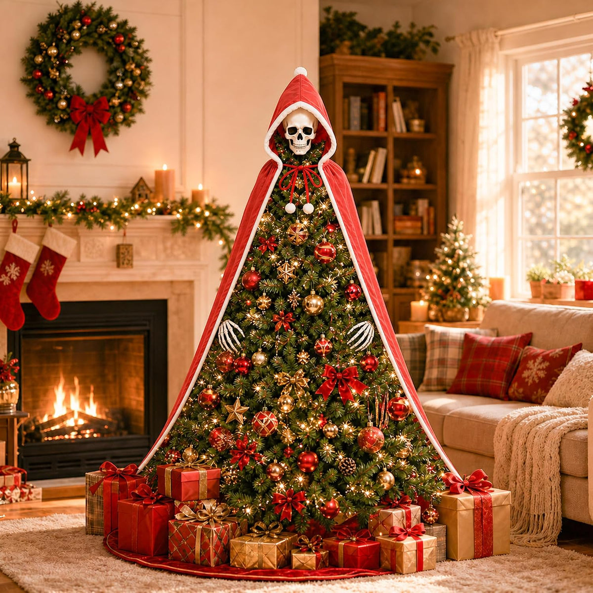8" Christmas Skull Tree Topper and Red Cloak Skeleton Hand, Goth Xmas Decor