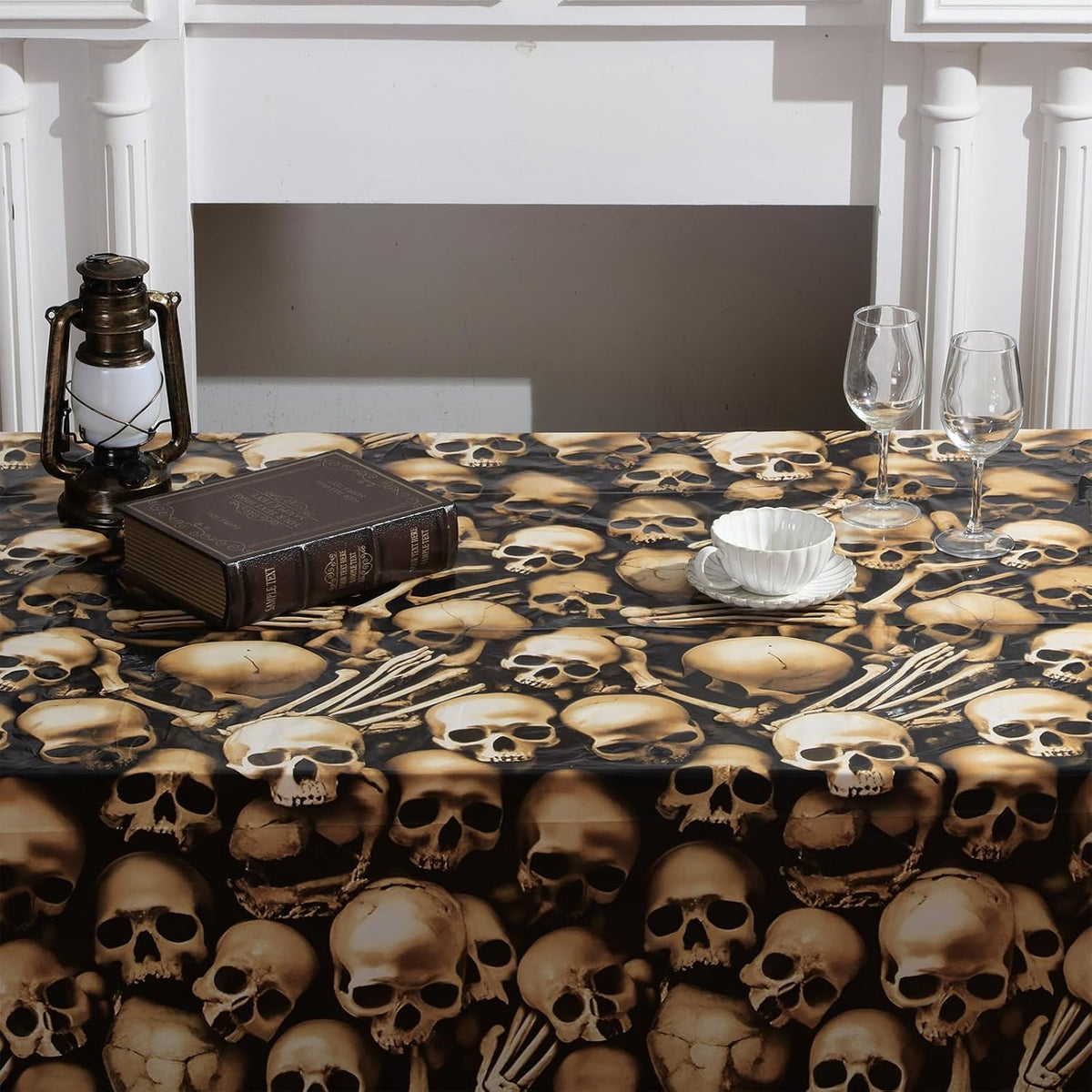 Tegeme 200 ft Halloween Skull Wall Backdrop Roll, Skeleton Tablecloth