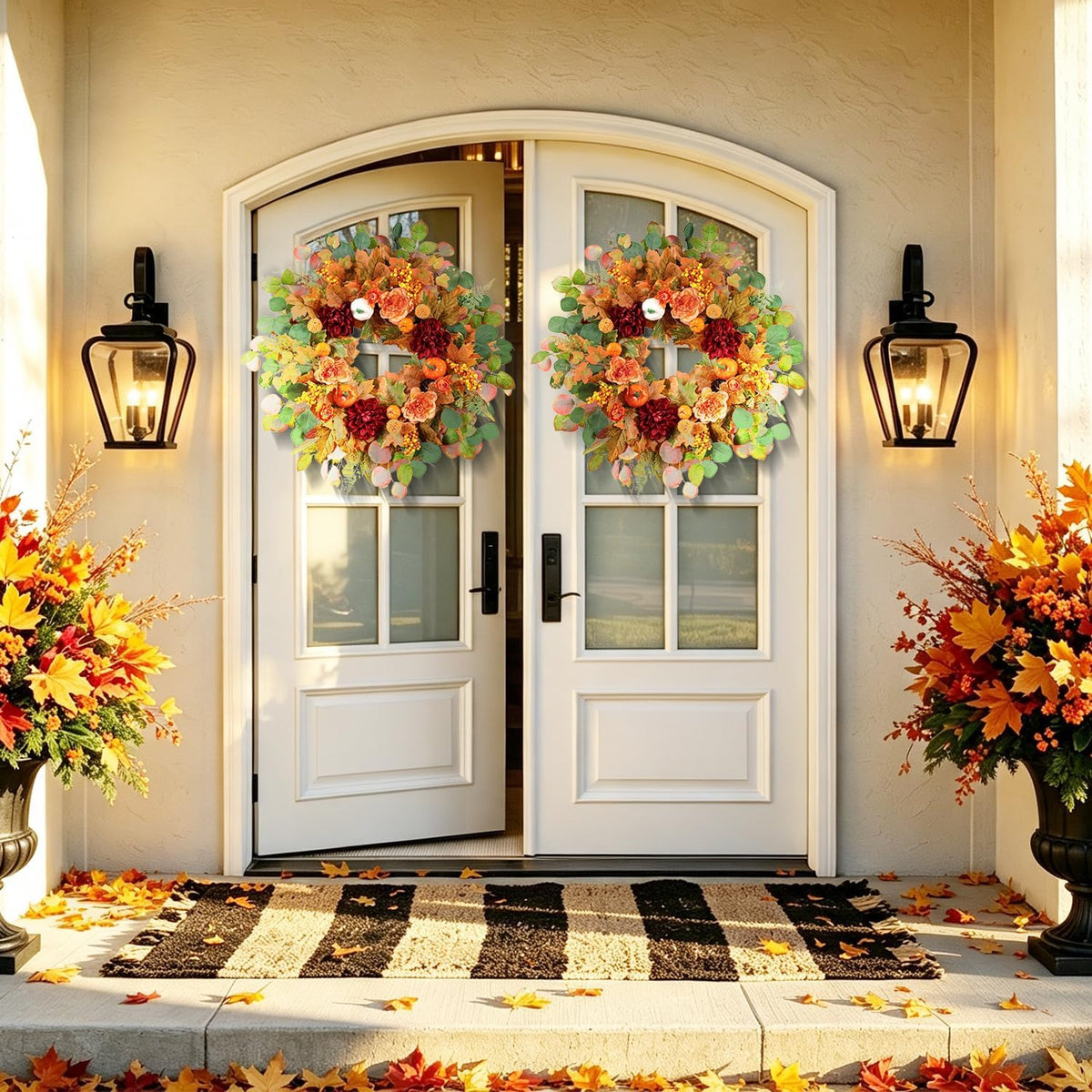 26 Inch Fall Wreaths for Front Door with Orange Camellia & Burgundy Dahlias