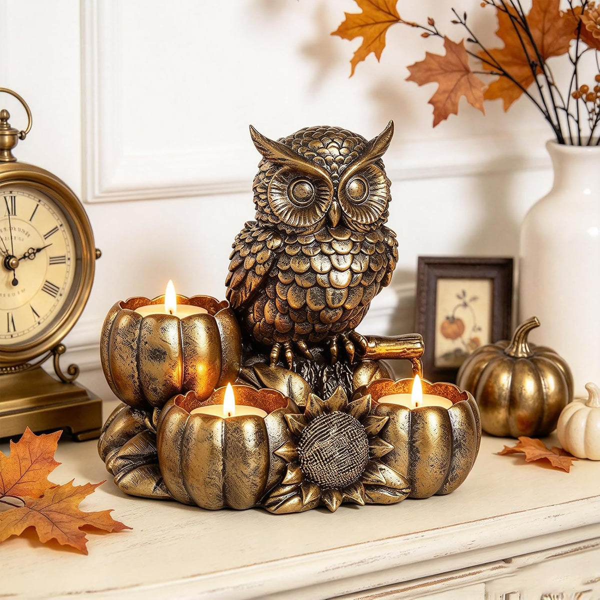 Gold Animal Candle Holders - Owl Vintage Rustic Pedestal Candlesticks, Harves...