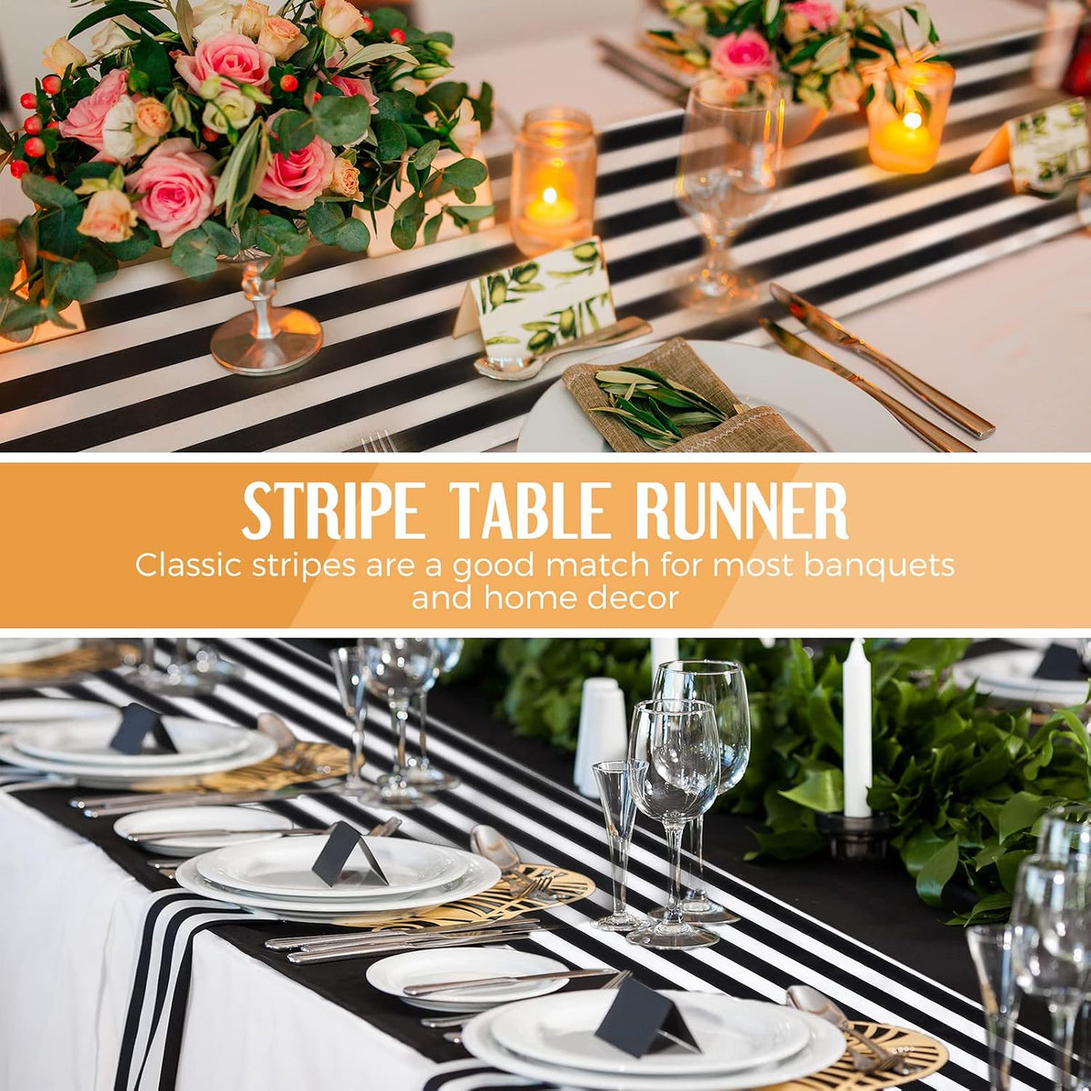 Breling 12 Pack Black and White Striped Table Runner, 12 x 108 Inches