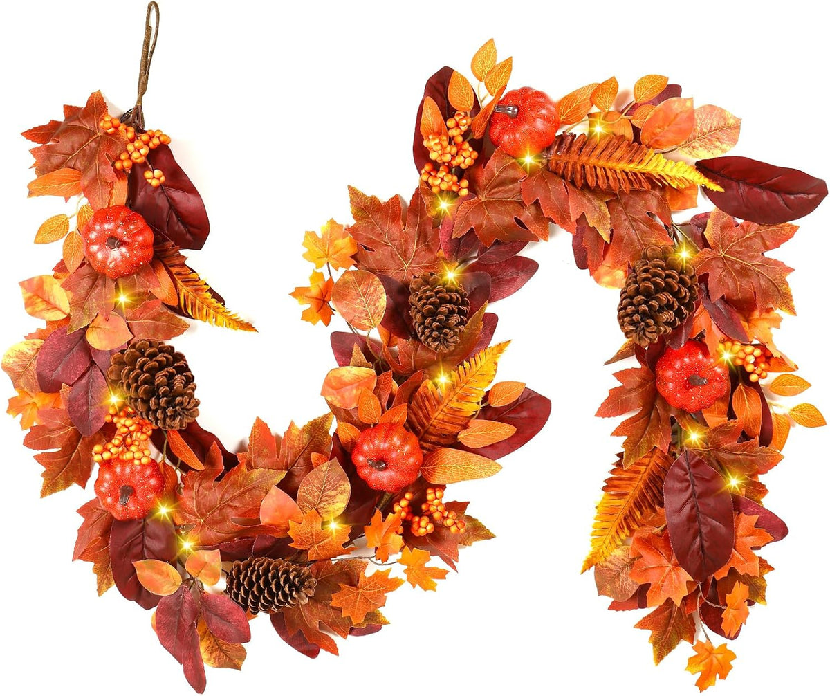 SHareconn 2 Packs 6ft Fall Garland with Lights and Timer for Mantle
