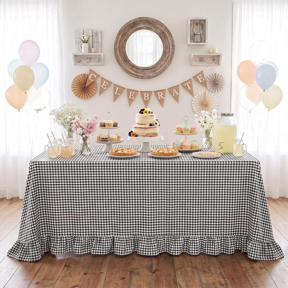 PartyDelight Gingham Ruffle Tablecloth Black White Checkered Rectangular Wash...
