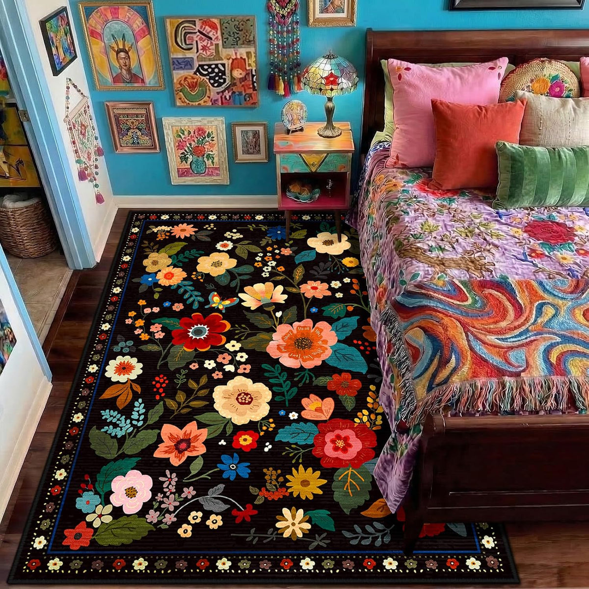RELEANY Floral Washable 5x7 Area Rugs Black