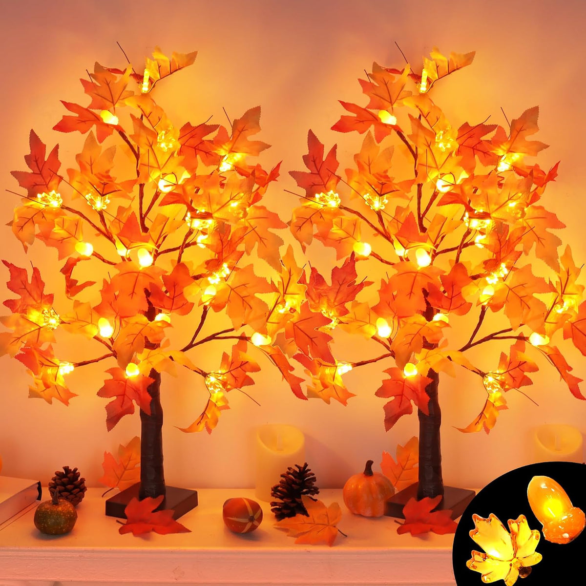 Fall Decor 2 Pack 24 Inch Lighted Maple Tree with 48 LED & Timer, Battery...