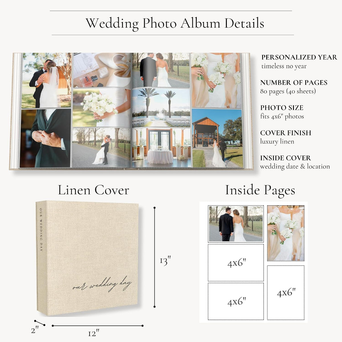 Wedding Photo Album for 400 4x6 Pictures - Large Linen Picture Scrapbook