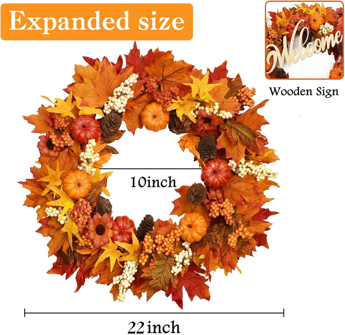 2 Pack Fall Decor, 22" Fall Wreaths for Front Door, Autumn Wreath