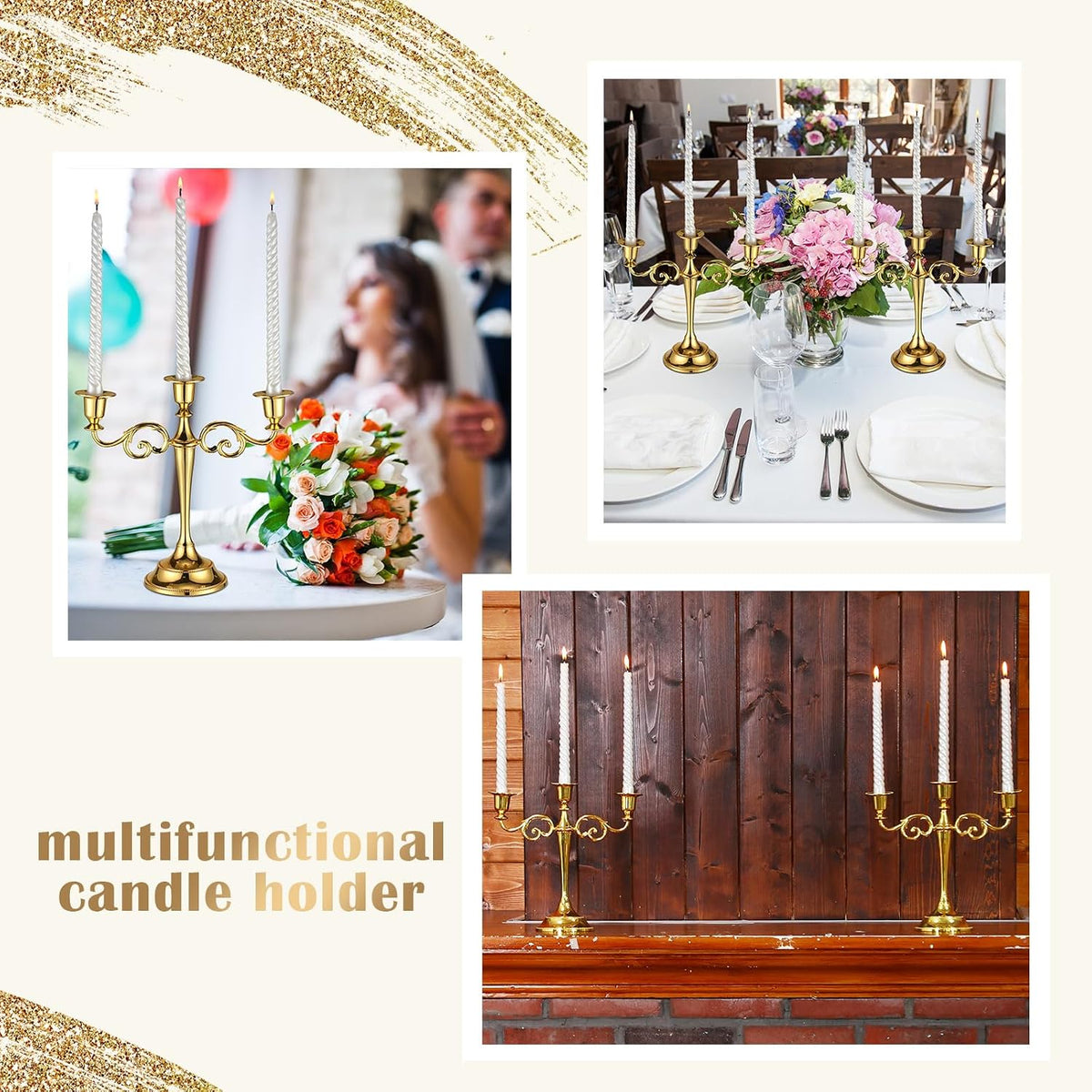 Dandat 3 Pcs 3 Arm Metal Candelabra Candle Holder, Classic, 10", Gold