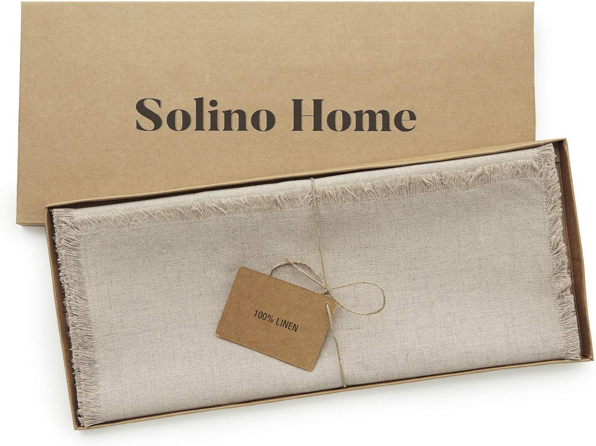 Solino Home 100% Pure Linen Table Runner Natural Long, Fringe 14 x 108 in