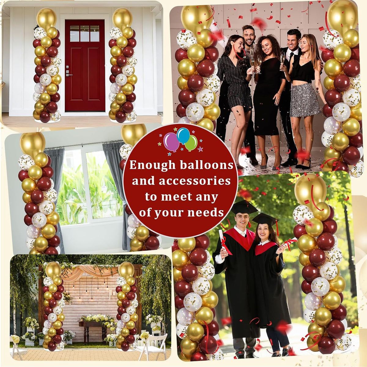 2 Sets Adjustable Balloon Column Stand Kit with Bases(Burgundy Red Gold)