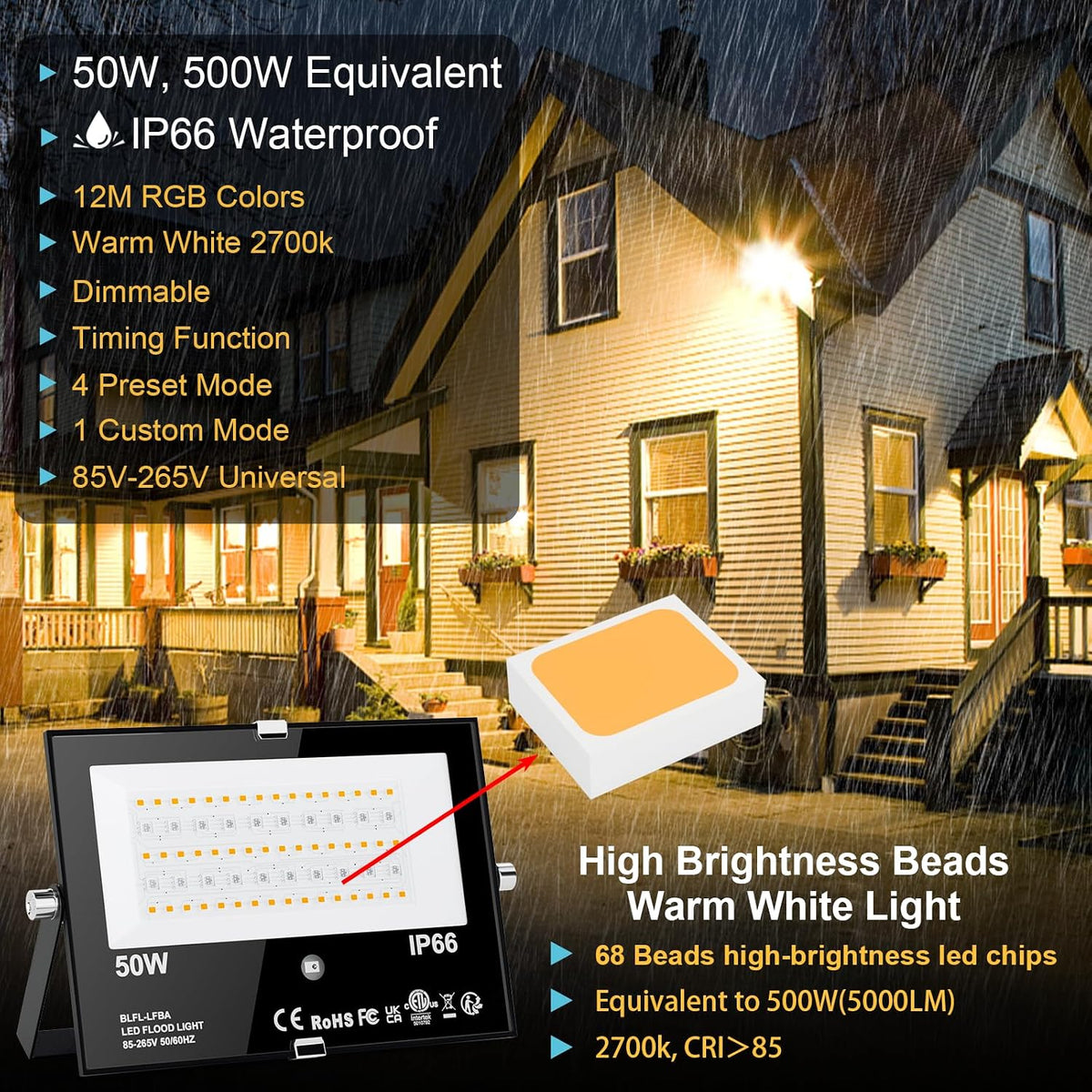 LED Flood Light Outdoor 500W Equivalent Color Changing Landscape Lighting, Ti...