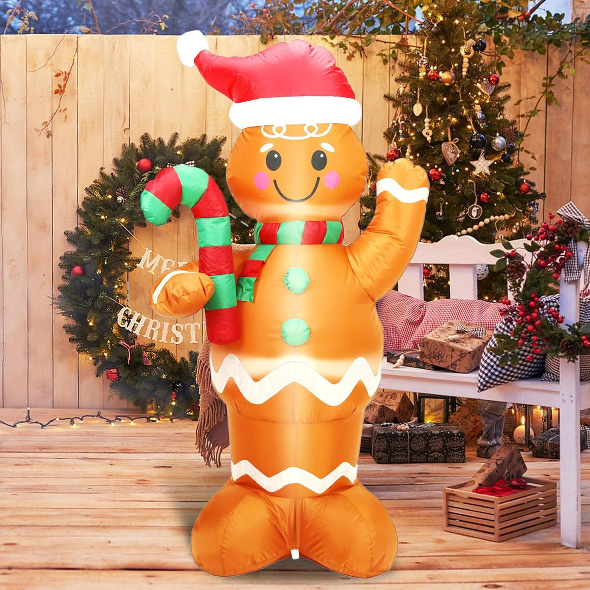5FT H Lovely Christmas Inflatable Gingerbread Man with Candy Cane, Blow up Gi...