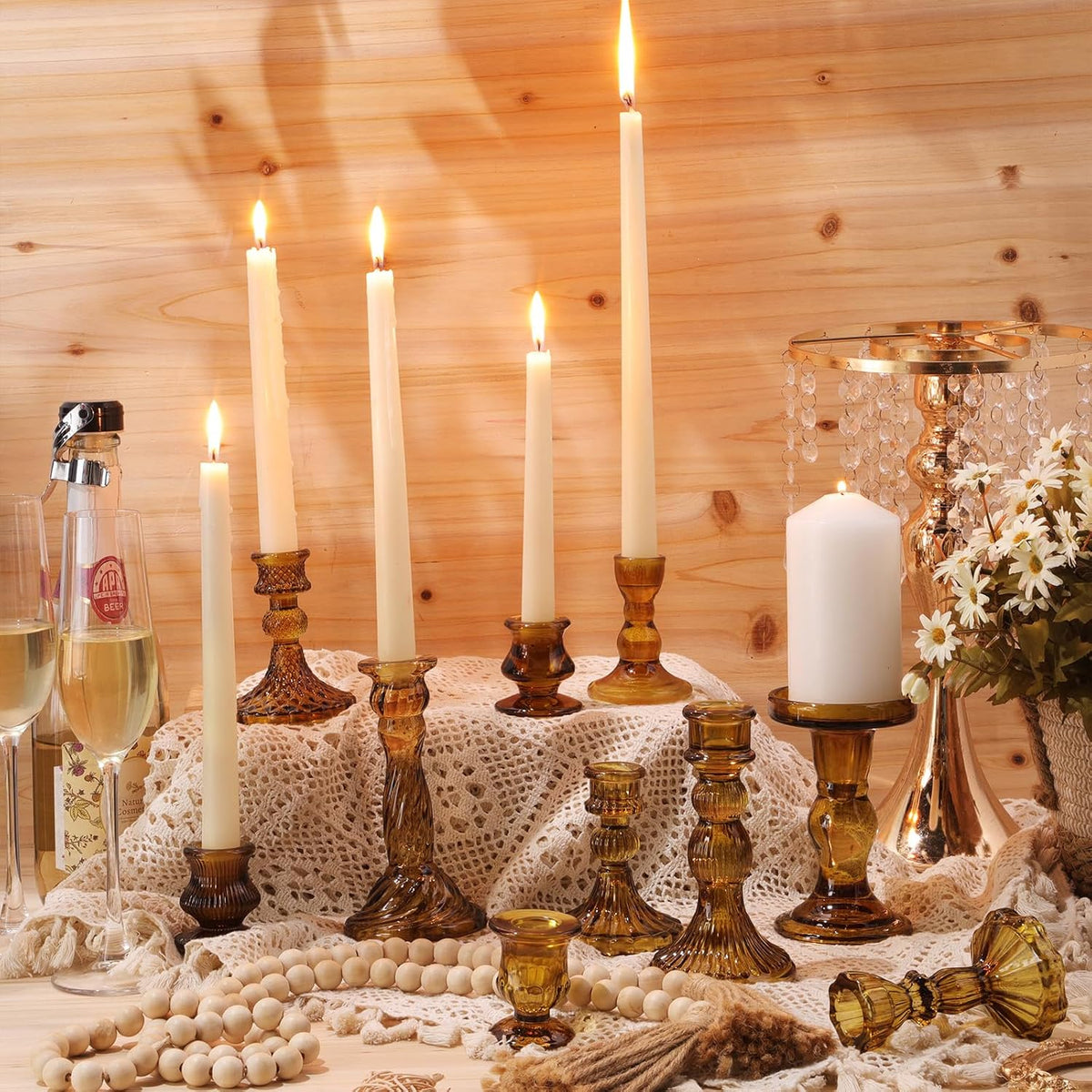 Mumufy 10 Pcs Glass Taper Crystal Candle Holders,Classic,Brown