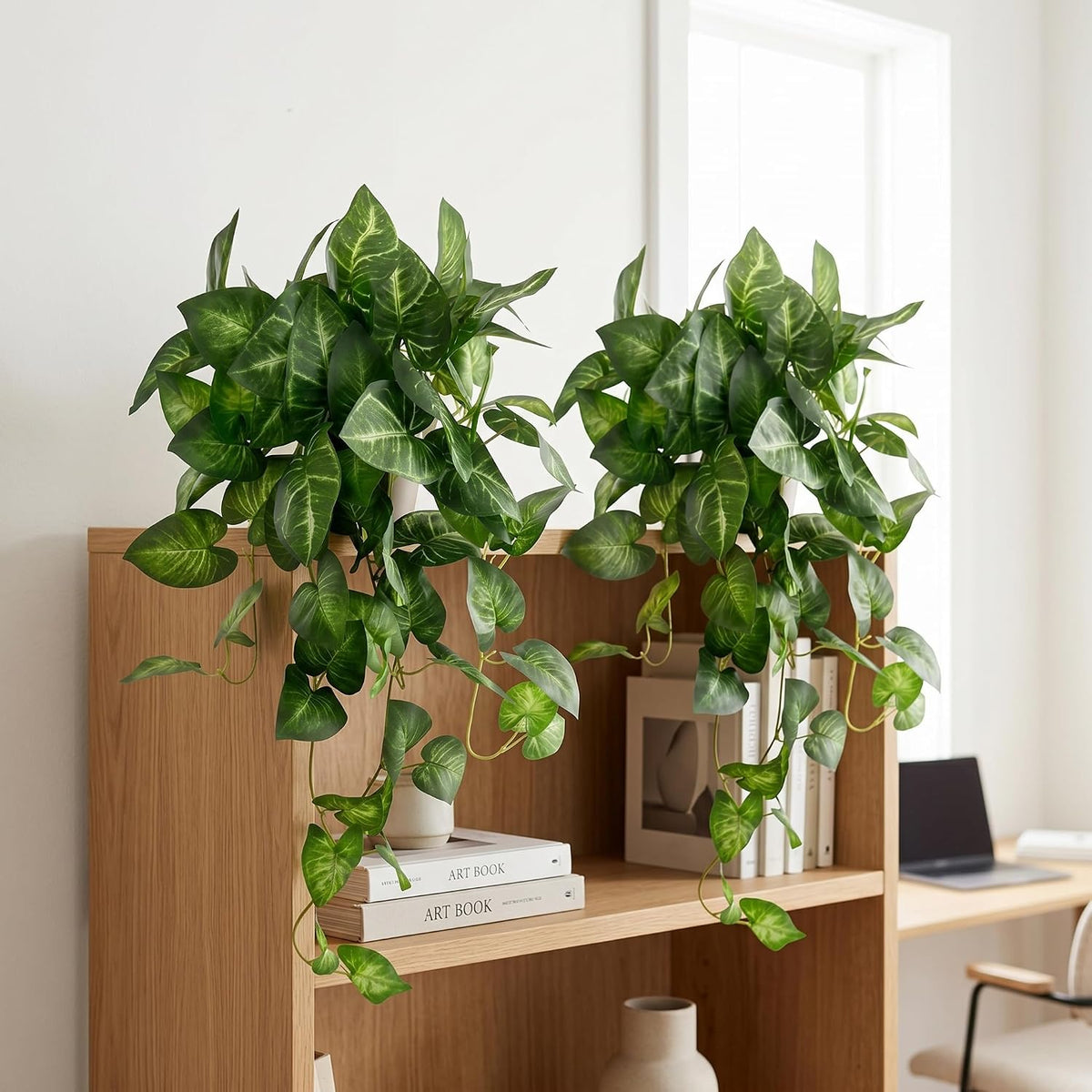 Artificial Pothos Hanging Plant, 25" Set of 2 Faux Ivy Vines with Pots