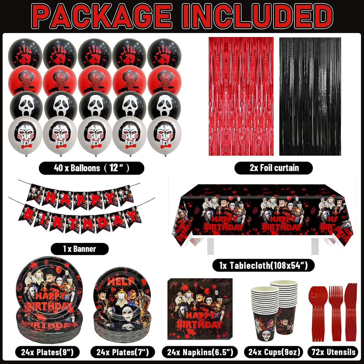 164 Pcs Horror Birthday Party Decorations Horror Movie Birthday Banner Happy ...