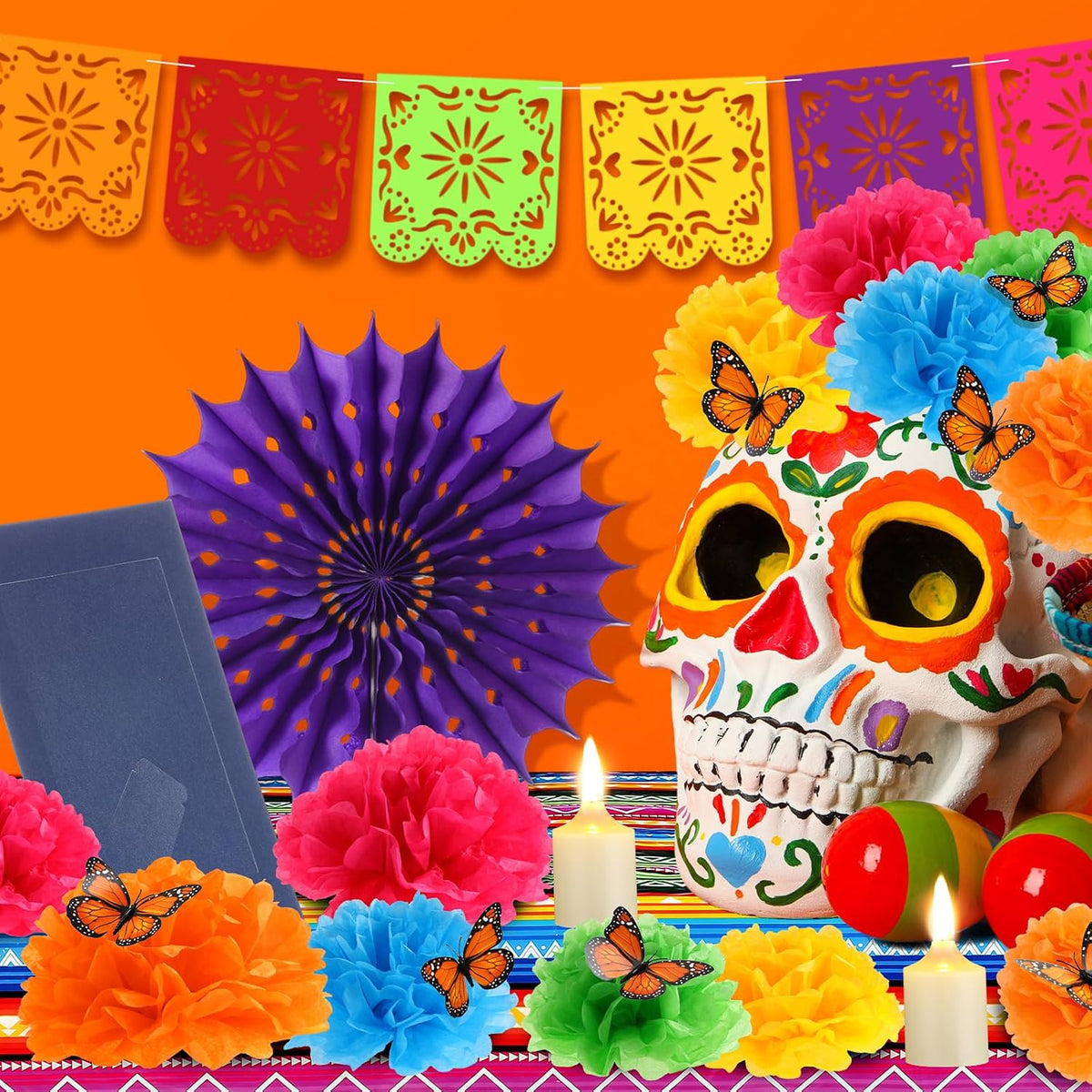 Newwiee 79 Pcs Day of The Dead Altar Decorations Kit,Striped,Colorful