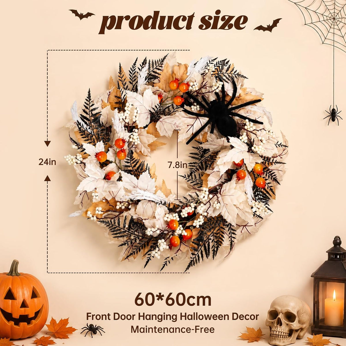 24" Halloween Wreath for Front Door with Spider, Maple Leaf