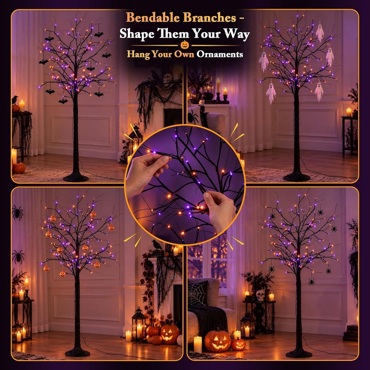 Cofiyard 2 Pack 6FT Halloween Tree with Lights, Total 288 LED Purple & Or...