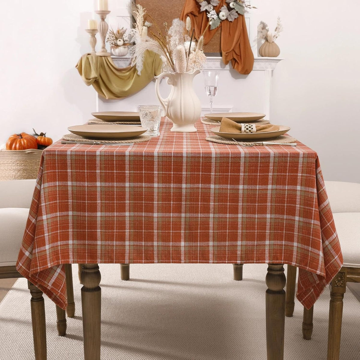 Romanstile Fall Checkered Tablecloth Rectangle, 60 x 120 Inch, Orange