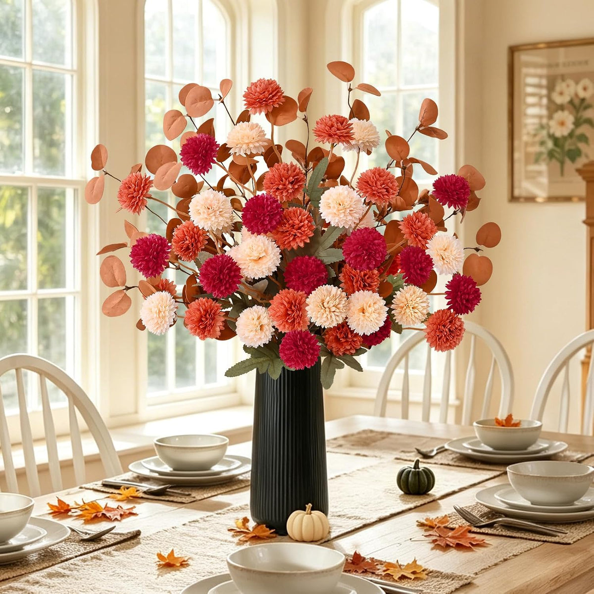 12 Pcs Realistic Fall Flowers Fake Mums with Vase, Full Silk Pompon Bulk