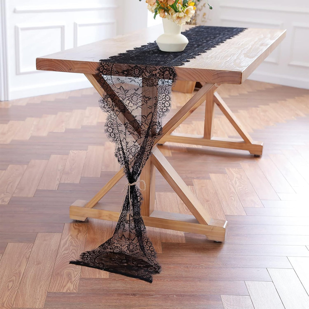 Black Lace Table Runner 14 x 120 Inch Floral Embroidered Fabric Decoration