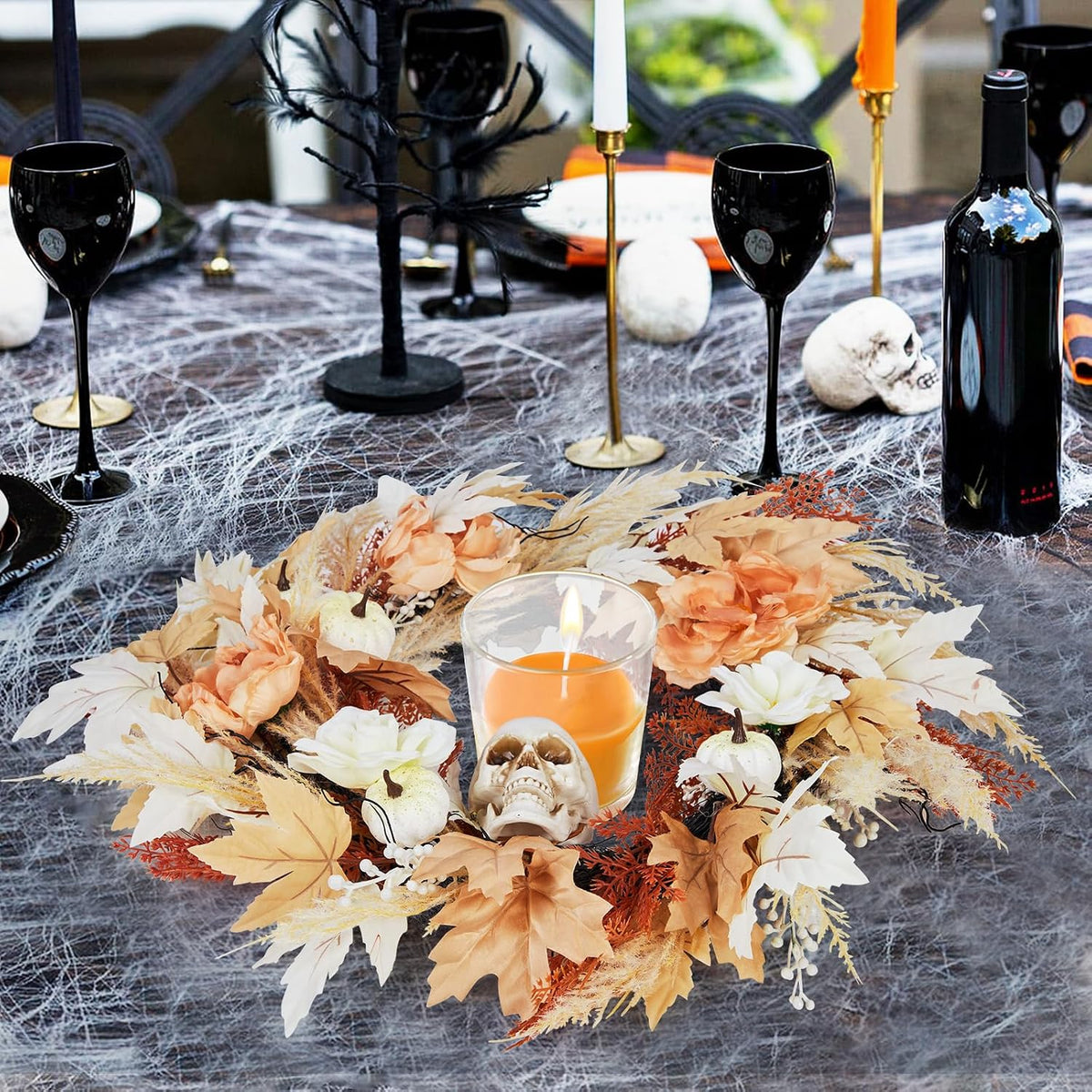 GarveeHome 22 in Halloween Skull Wreaths for Front Door, Fall Maple Leaves Wr...