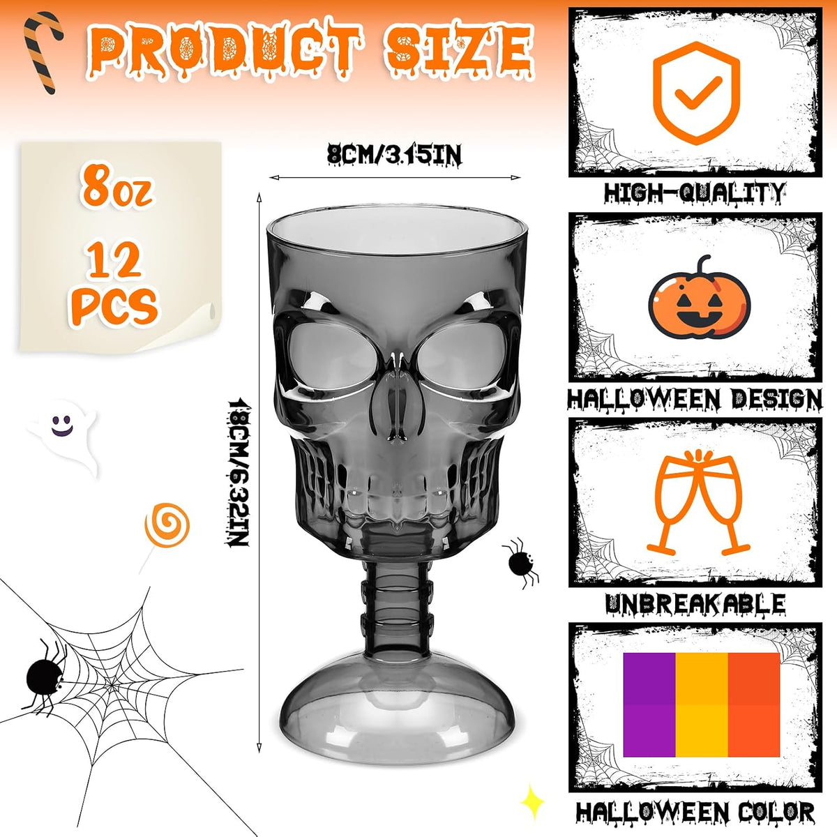 Bokon Set of 12 Halloween Cups Skull Goblets Gothic Party Table Decorations P...