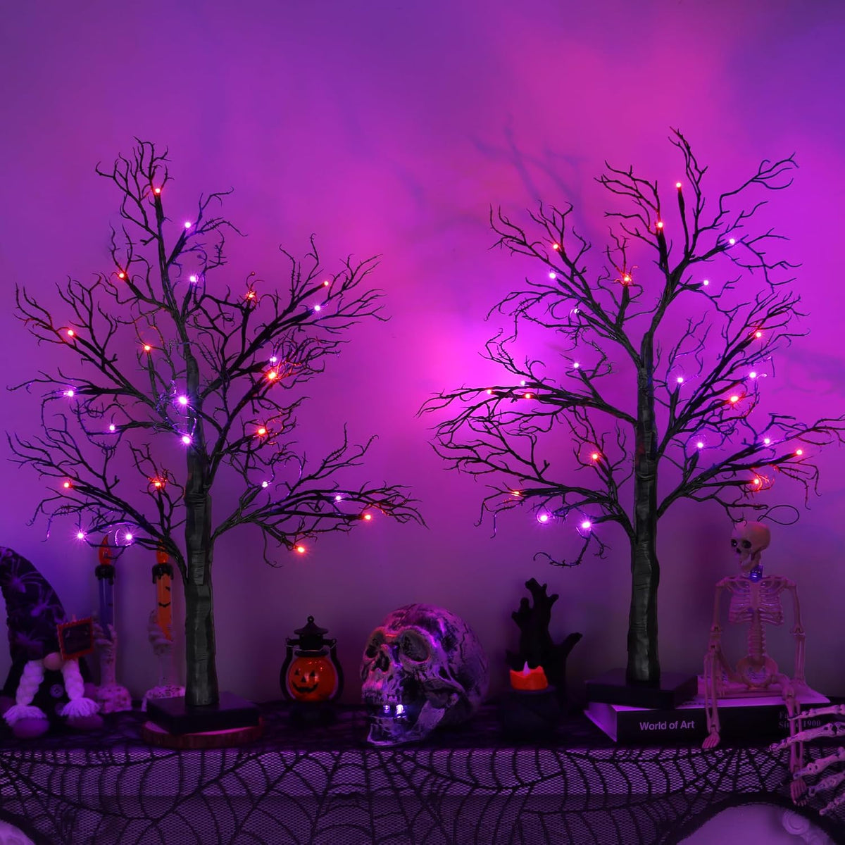 2 Pack 24 Inch Spooky Black Halloween Tree Decorations for Indoor Home Table,...