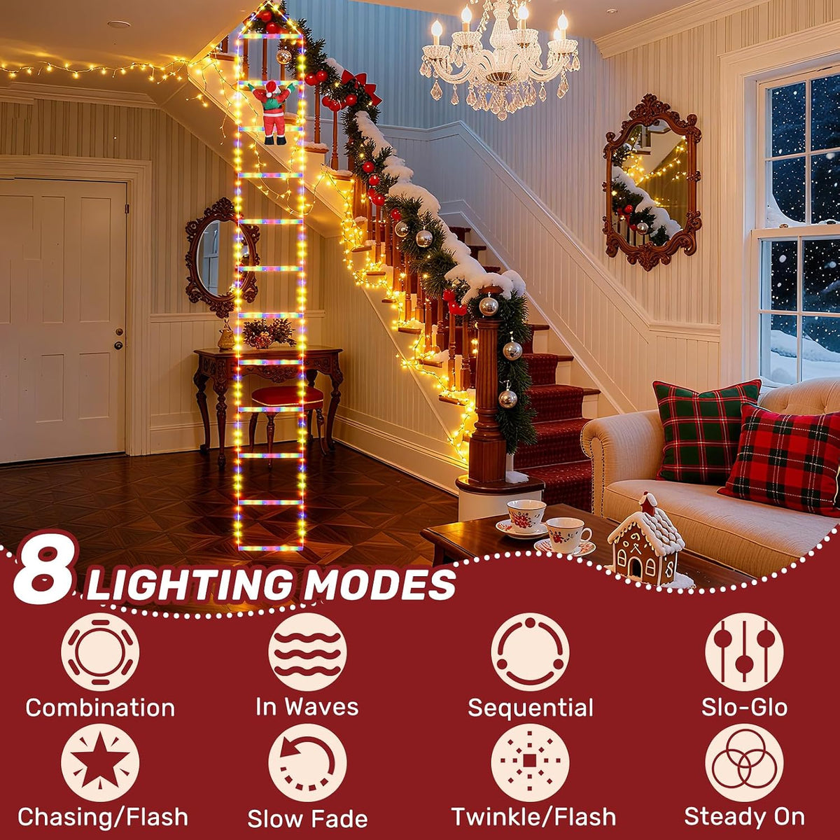 LED Christmas Ladder Lights 10ft with Santa Claus Decorations Decorative Mult...