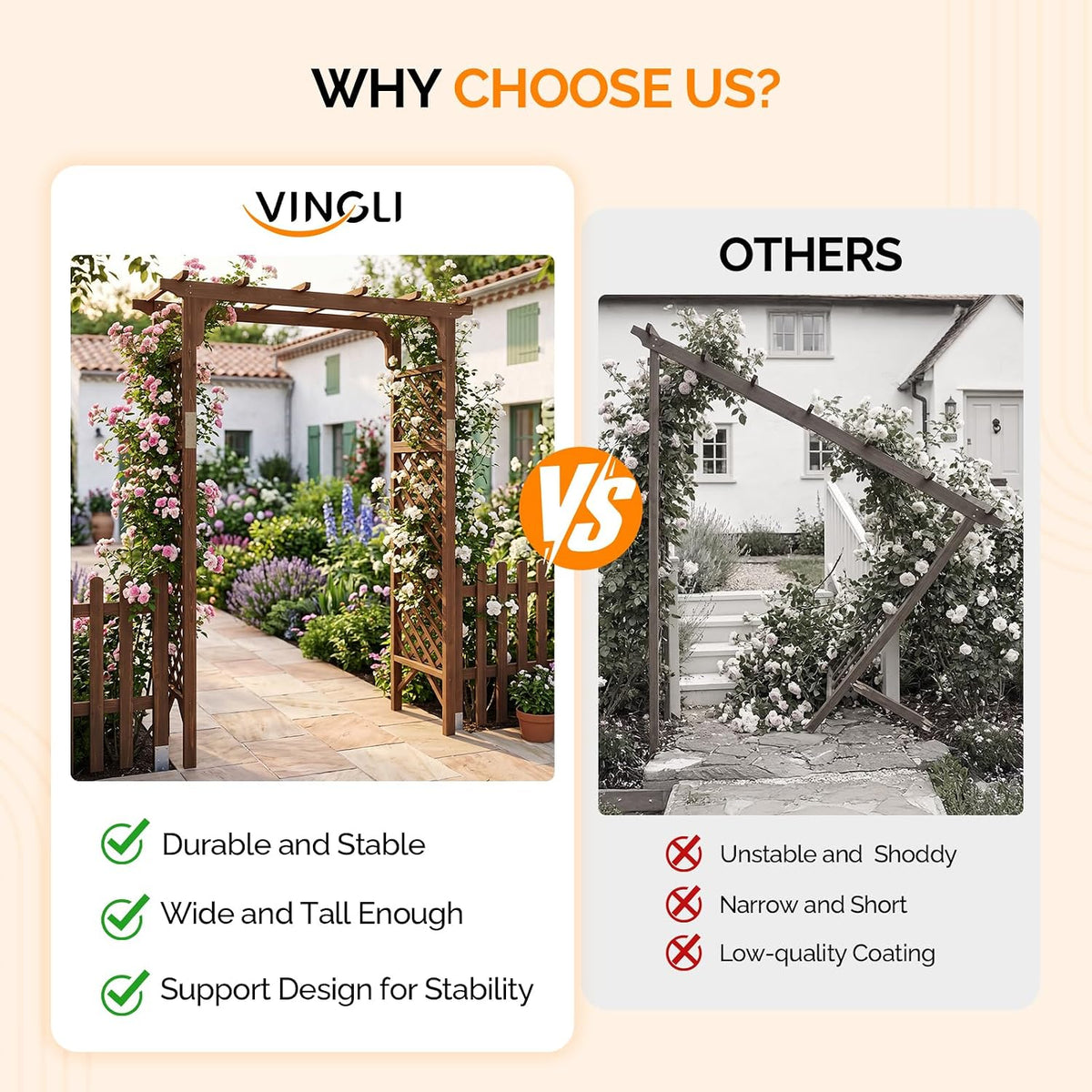 VINGLI Wood Garden Arbor, 85in Wedding Arch Garden Trellis for Plant Climbing...