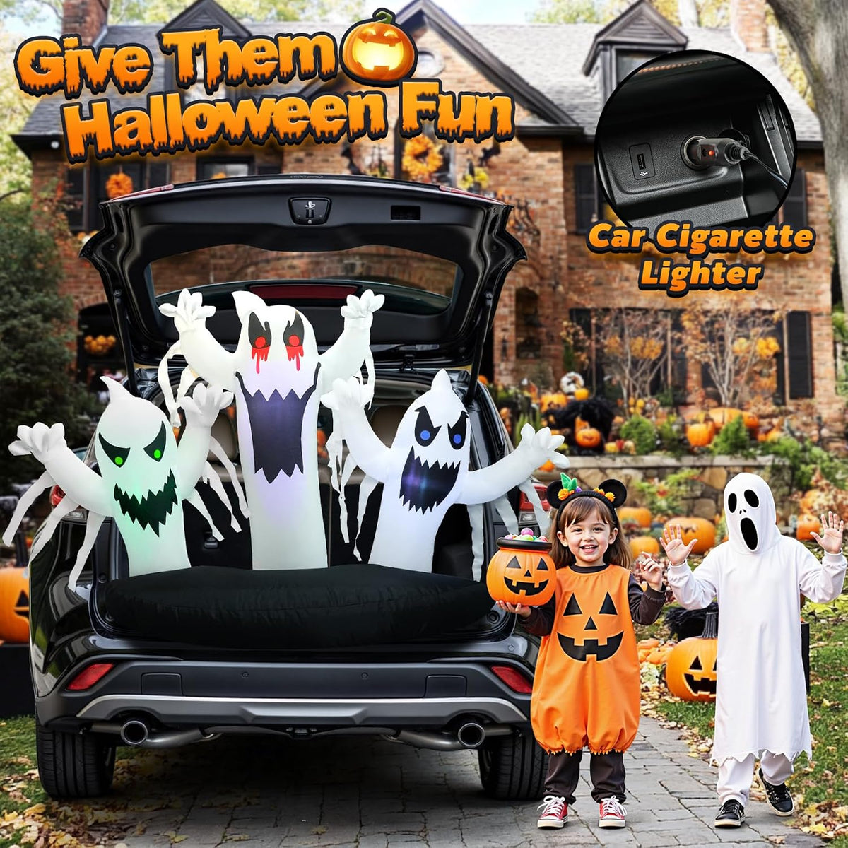 Trunk or Treat Car Decorations Kit 5ft Inflatable Ghost with Built-in LEDs, H...