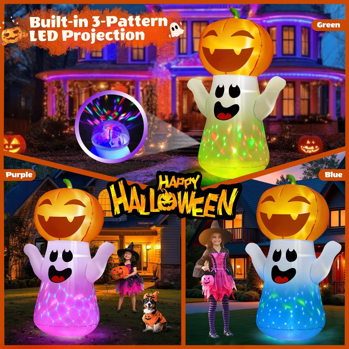 zukakii 5FT Halloween Inflatables Pumpkin Ghost Built-in 3-Pattern Colorful F...