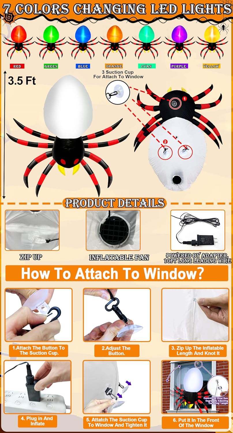 3.5 Ft Inflatable Halloween Window Decoration, Blow Up Spider Climbing on Win...