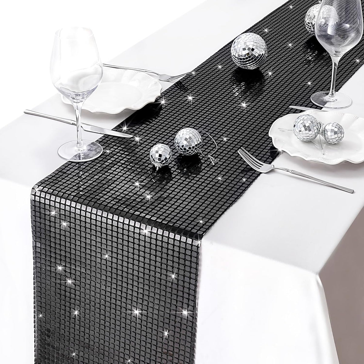 Black Sequin Table Runner 8 Packs 13 x 72 Inch Glitter Mirror Fabric